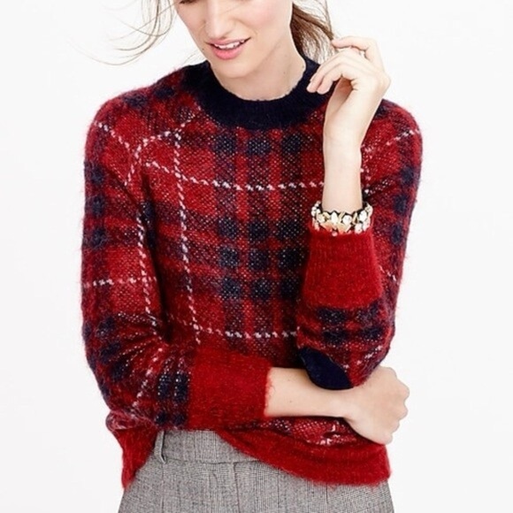 J Crew size Large Red Plaid Wool Mohair Crewneck Sweater Elbow Patches Pullover - Picture 1 of 7